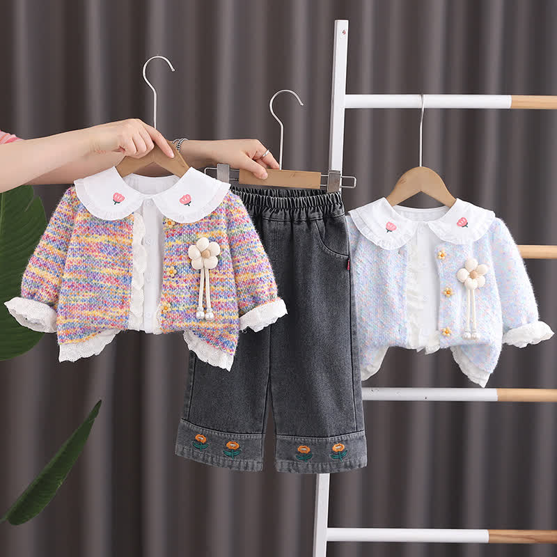 Toddler Girl Flower Patch Cardigan and Denim 3-piece Set - image 1