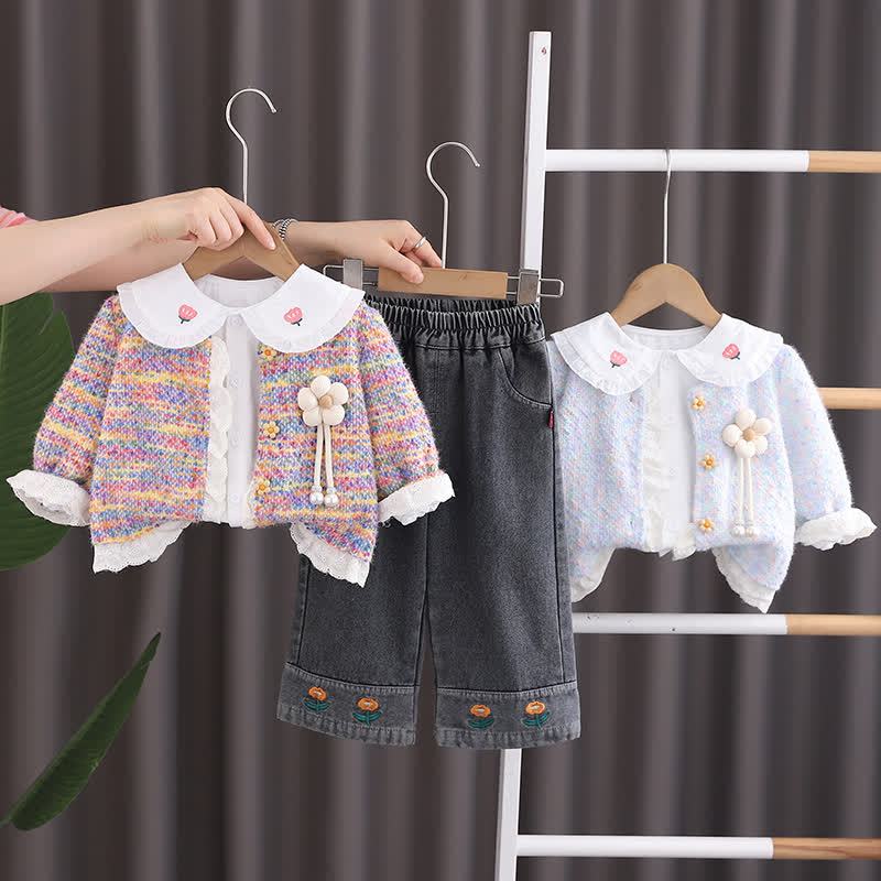 Toddler Girl Flower Patch Cardigan and Denim 3-piece Set - image 1