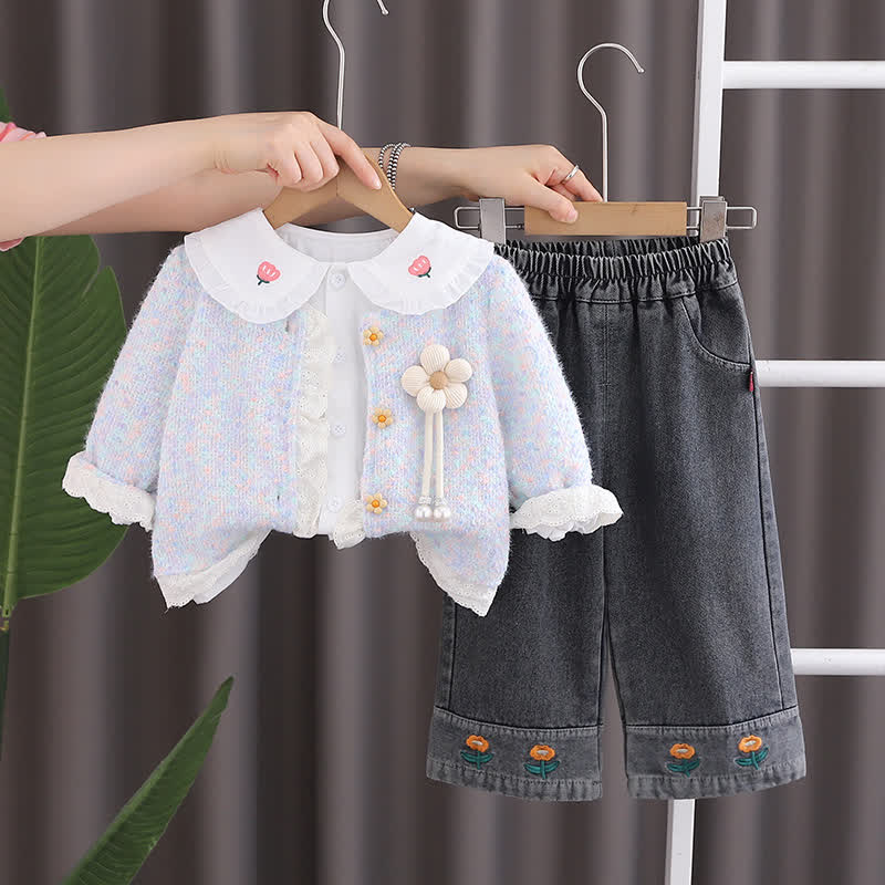 Toddler Girl Flower Patch Cardigan and Denim 3-piece Set - Blue - 4-5T - image 3