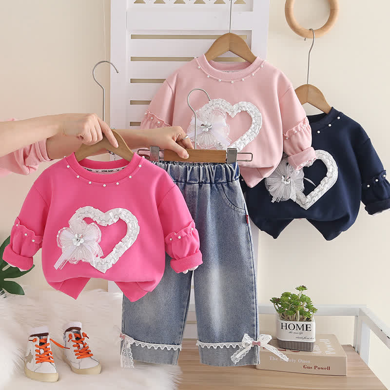 Toddler Baby Girl Lace Heart Sweatshirt and Denim Pants 2-piece Set - image 1