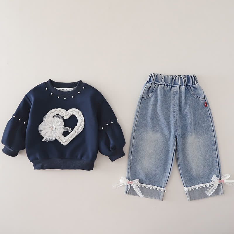 Toddler Baby Girl Lace Heart Sweatshirt and Denim Pants 2-piece Set - Navy - 4-5T - image 2