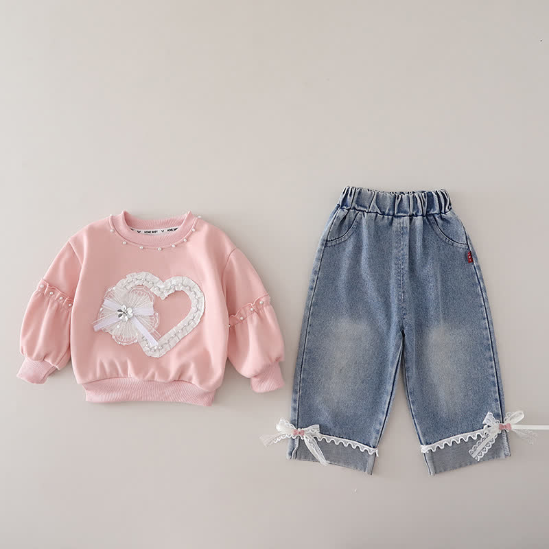 Toddler Baby Girl Lace Heart Sweatshirt and Denim Pants 2-piece Set - Pink - 4-5T - image 3