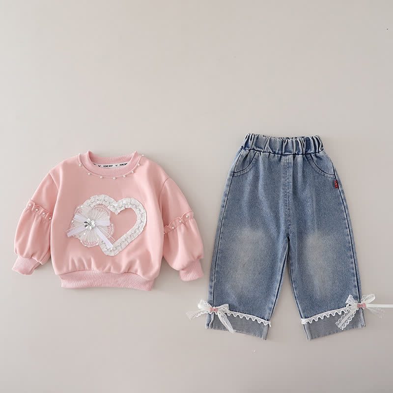 Toddler Baby Girl Lace Heart Sweatshirt and Denim Pants 2-piece Set - Pink - 4-5T - image 3