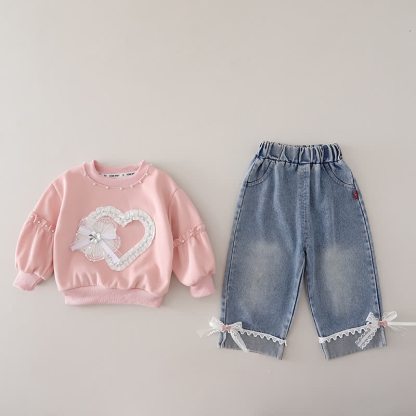 Toddler Baby Girl Lace Heart Sweatshirt and Denim Pants 2-piece Set - Pink - 4-5T - image 3