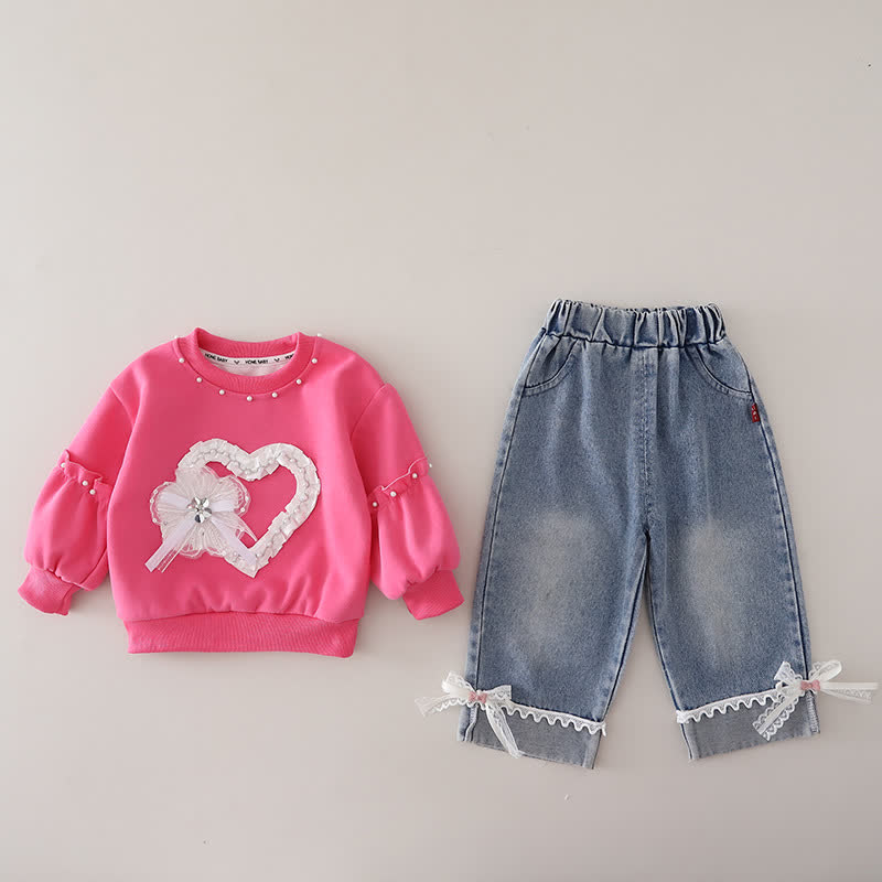 Toddler Baby Girl Lace Heart Sweatshirt and Denim Pants 2-piece Set - Fuchsia - 4-5T - image 4