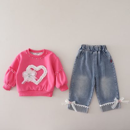 Toddler Baby Girl Lace Heart Sweatshirt and Denim Pants 2-piece Set - Fuchsia - 4-5T - image 4