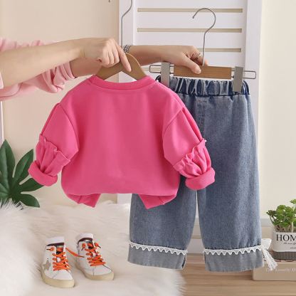 Toddler Baby Girl Lace Heart Sweatshirt and Denim Pants 2-piece Set - image 5