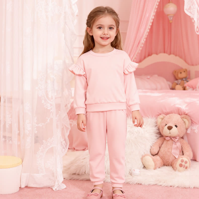 Toddler Baby Girl Solid Color Ruffle Sweatshirt and Jogger 2-piece Set - Pink - 5-6T - image 1