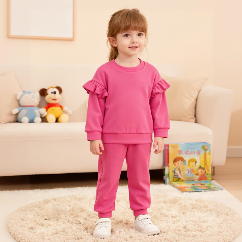 Toddler Baby Girl Solid Color Ruffle Sweatshirt and Jogger 2-piece Set - Fuchsia - 5-6T - image 2