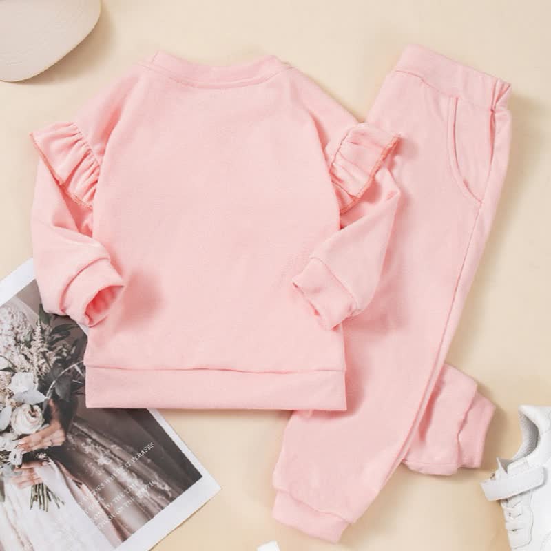 Toddler Baby Girl Solid Color Ruffle Sweatshirt and Jogger 2-piece Set - image 3