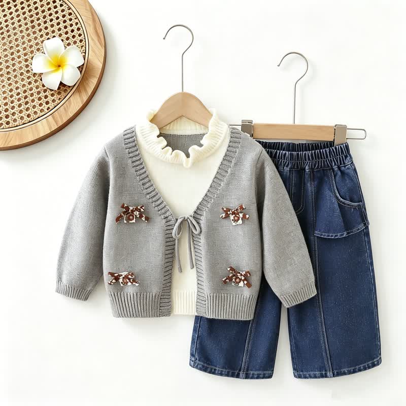 Toddler Girl Bow Patch Knit Top and Denim Pants 2-piece Set - Gray Set - 6-7T - image 1