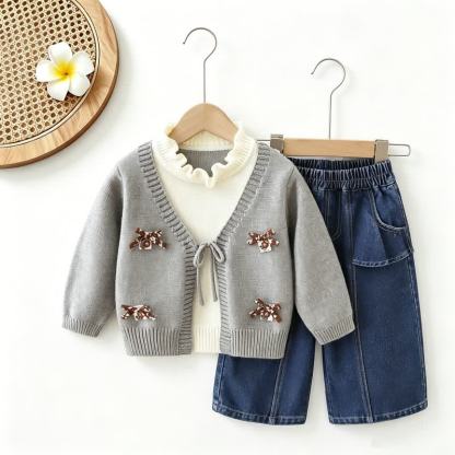 Toddler Girl Bow Patch Knit Top and Denim Pants 2-piece Set - Gray Set - 6-7T - image 1