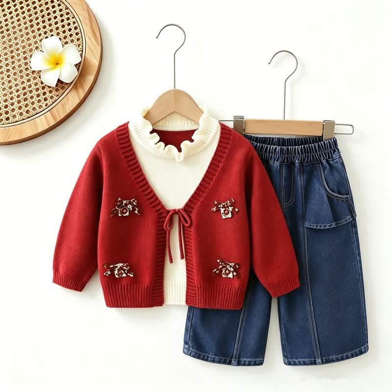 Toddler Girl Bow Patch Knit Top and Denim Pants 2-piece Set - Red Set - 6-7T - image 2