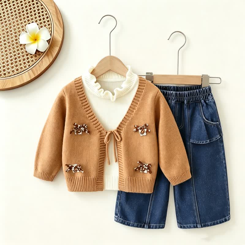 Toddler Girl Bow Patch Knit Top and Denim Pants 2-piece Set - Brown Set - 6-7T - image 3