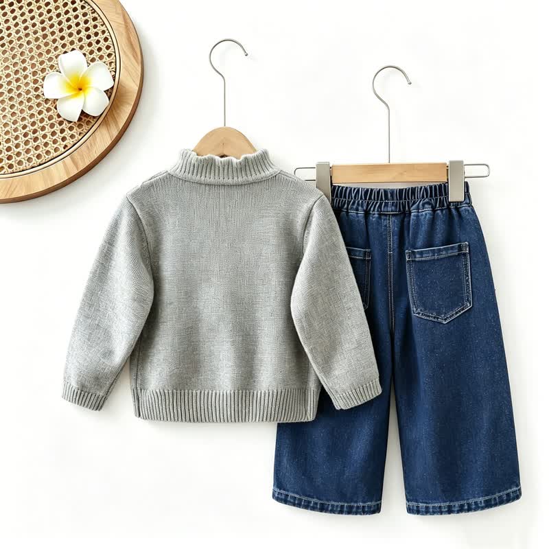 Toddler Girl Bow Patch Knit Top and Denim Pants 2-piece Set - image 8