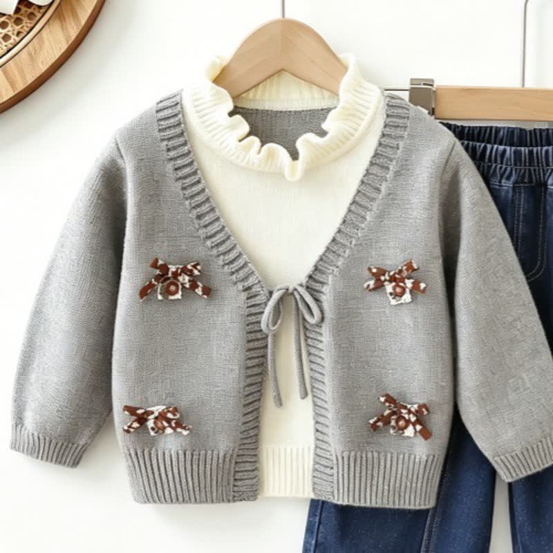 Toddler Girl Bow Patch Knit Top and Denim Pants 2-piece Set - Gray Top - 6-7T - image 4