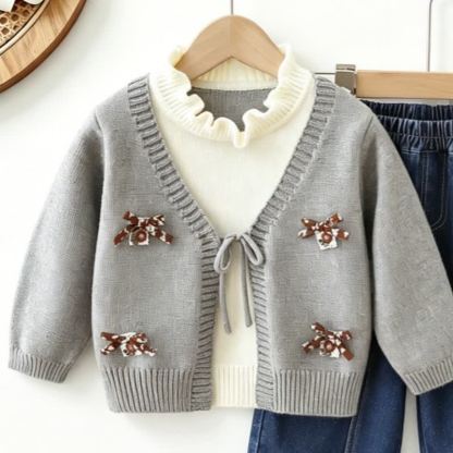 Toddler Girl Bow Patch Knit Top and Denim Pants 2-piece Set - Gray Top - 6-7T - image 4