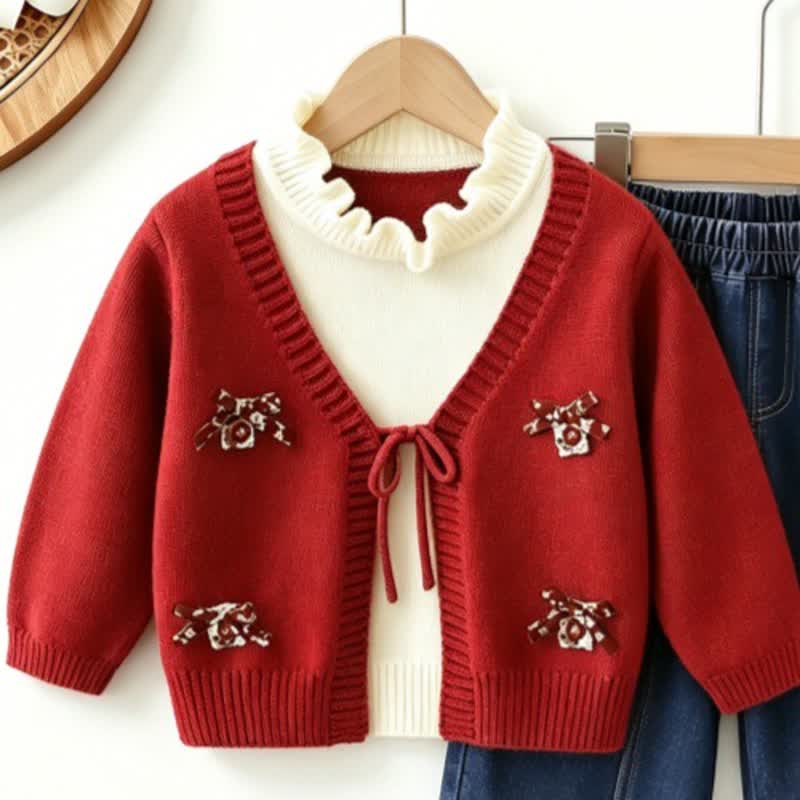 Toddler Girl Bow Patch Knit Top and Denim Pants 2-piece Set - Red Top - 6-7T - image 5