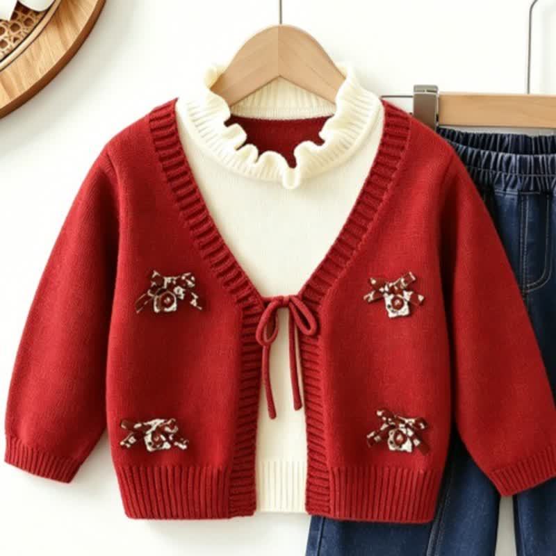 Toddler Girl Bow Patch Knit Top and Denim Pants 2-piece Set - Red Top - 6-7T - image 5