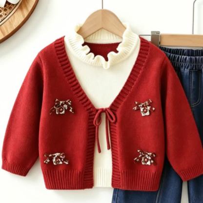 Toddler Girl Bow Patch Knit Top and Denim Pants 2-piece Set - Red Top - 6-7T - image 5