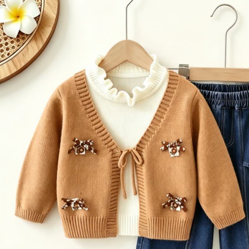 Toddler Girl Bow Patch Knit Top and Denim Pants 2-piece Set - Brown Top - 6-7T - image 6