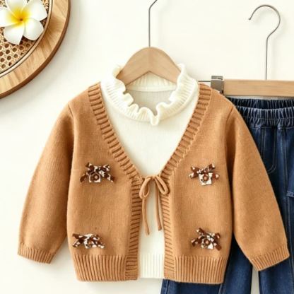 Toddler Girl Bow Patch Knit Top and Denim Pants 2-piece Set - Brown Top - 6-7T - image 6