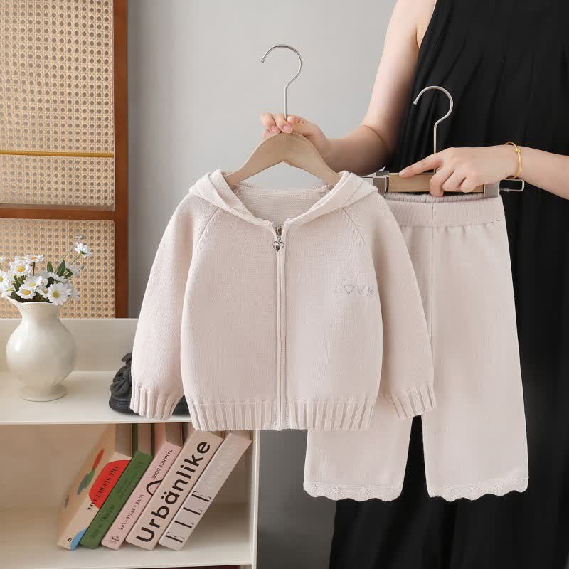 LOVE Toddler Girl Cozy Hooded Zip Knit Top and Pants 2-piece Set - Beige - 6-7T - image 1