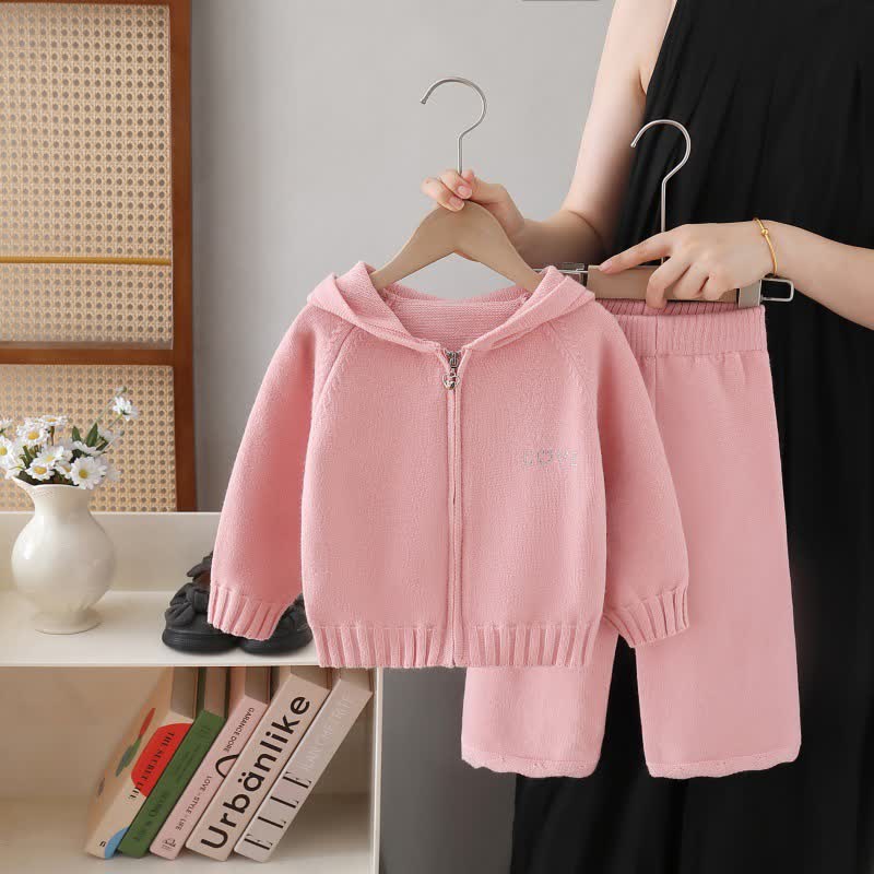 LOVE Toddler Girl Cozy Hooded Zip Knit Top and Pants 2-piece Set - Pink - 6-7T - image 2