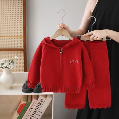 LOVE Toddler Girl Cozy Hooded Zip Knit Top and Pants 2-piece Set - Red - 6-7T - image 4