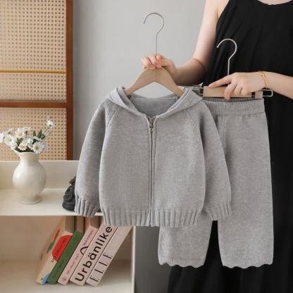 LOVE Toddler Girl Cozy Hooded Zip Knit Top and Pants 2-piece Set - Gray - 6-7T - image 3