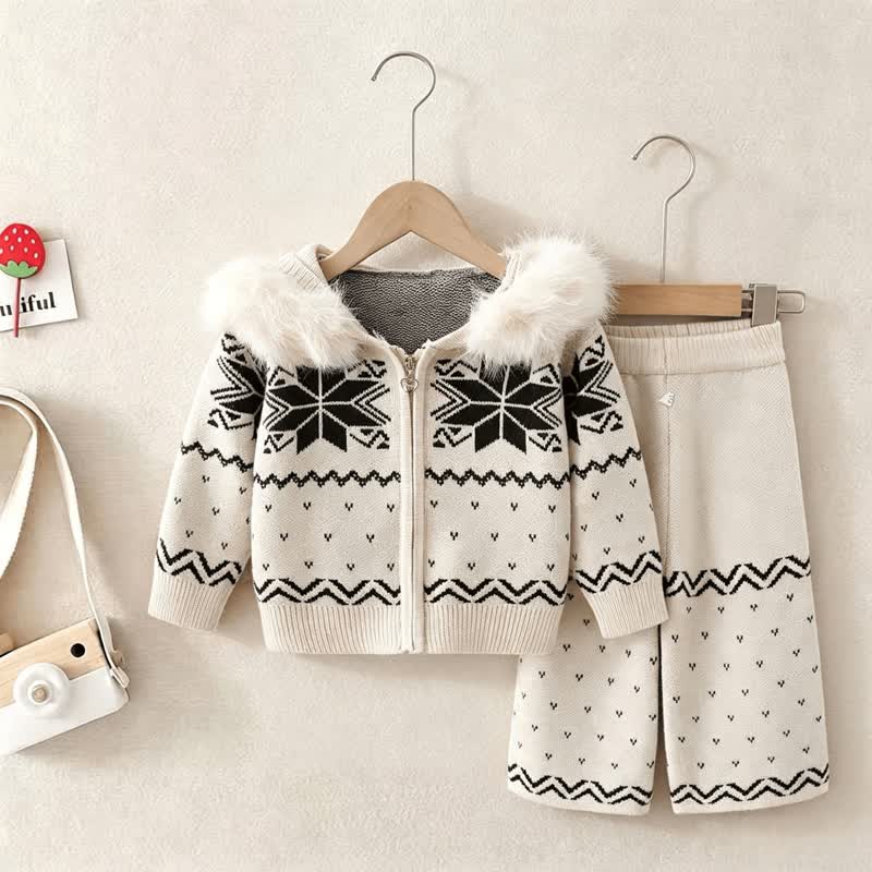 Toddler Girl Cozy Jacquard Hooded Zip Sweater and Pants 2-piece Set - Beige - 6-7T - image 1