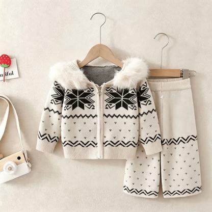 Toddler Girl Cozy Jacquard Hooded Zip Sweater and Pants 2-piece Set - Beige - 6-7T - image 1