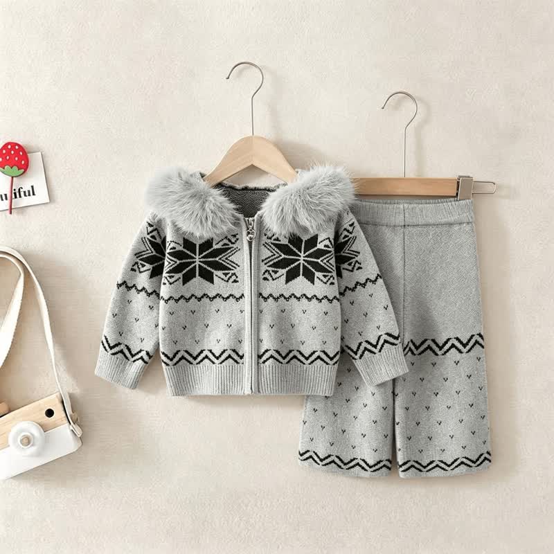 Toddler Girl Cozy Jacquard Hooded Zip Sweater and Pants 2-piece Set - Gray - 6-7T - image 2