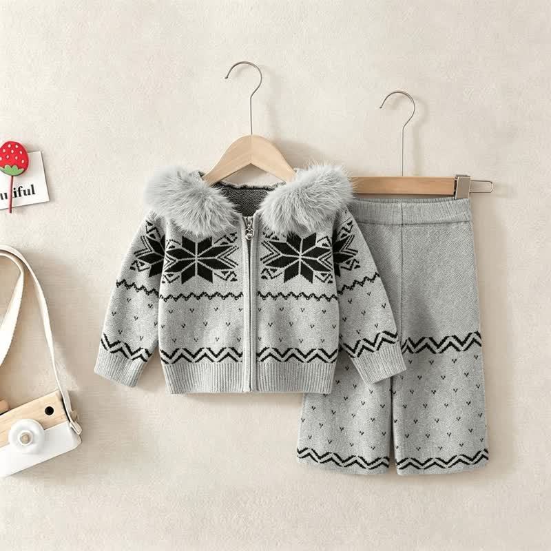Toddler Girl Cozy Jacquard Hooded Zip Sweater and Pants 2-piece Set - Gray - 6-7T - image 2