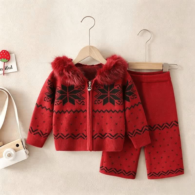 Toddler Girl Cozy Jacquard Hooded Zip Sweater and Pants 2-piece Set - Red - 6-7T - image 4
