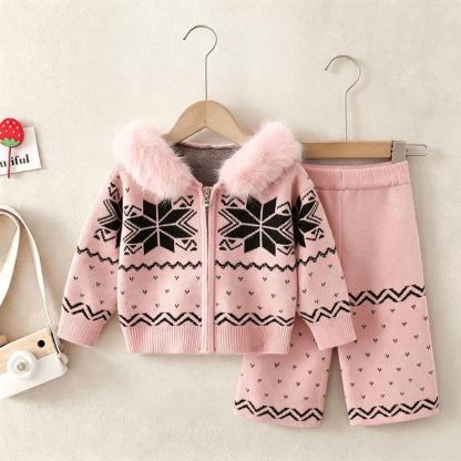 Toddler Girl Cozy Jacquard Hooded Zip Sweater and Pants 2-piece Set - Pink - 6-7T - image 3