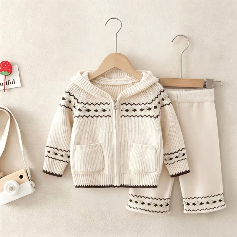 Toddler Girl Nordic Knit Hooded Cardigan and Pants 2-piece Set - Beige - 6-7T - image 1