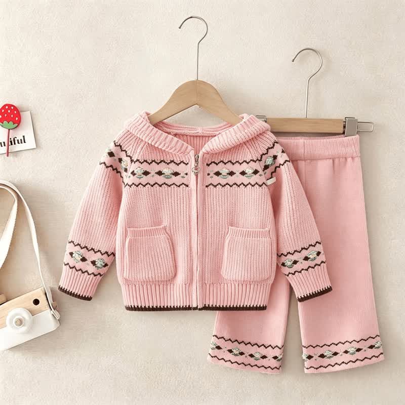 Toddler Girl Nordic Knit Hooded Cardigan and Pants 2-piece Set - Pink - 6-7T - image 2