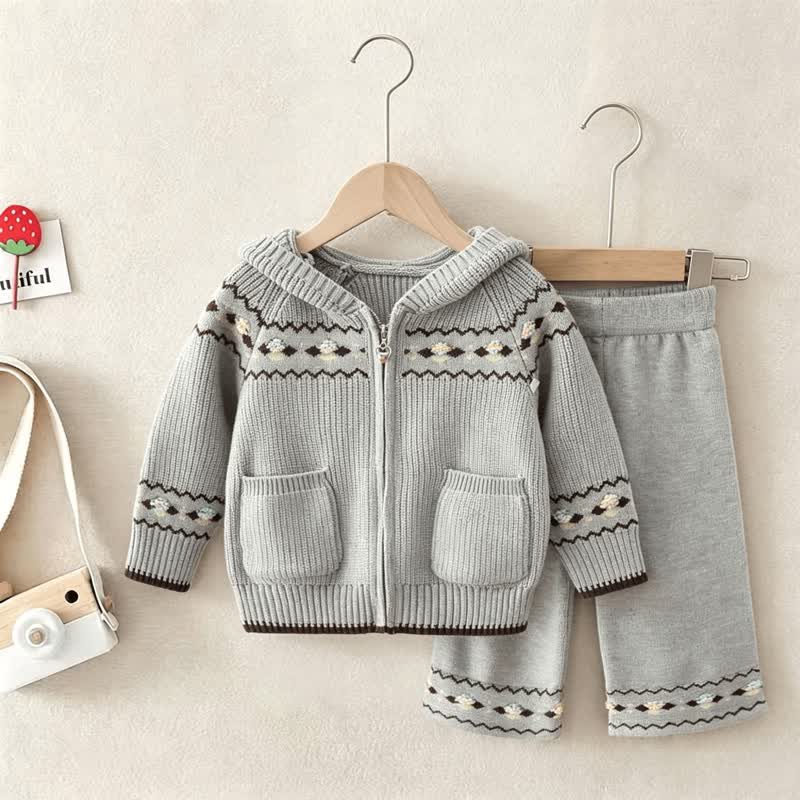 Toddler Girl Nordic Knit Hooded Cardigan and Pants 2-piece Set - Gray - 6-7T - image 3