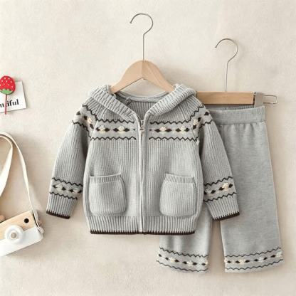 Toddler Girl Nordic Knit Hooded Cardigan and Pants 2-piece Set - Gray - 6-7T - image 3