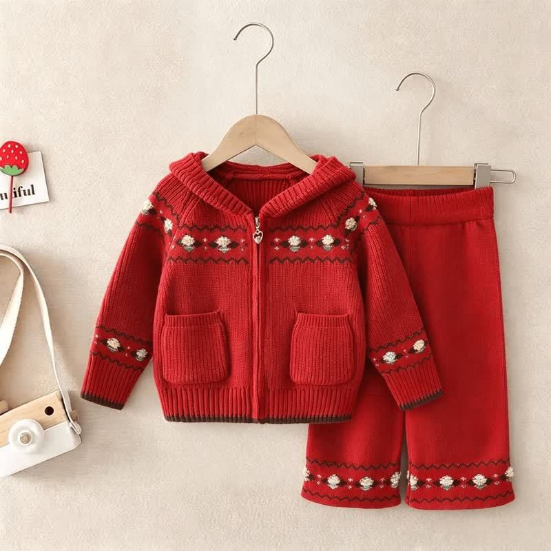 Toddler Girl Nordic Knit Hooded Cardigan and Pants 2-piece Set - Red - 6-7T - image 4