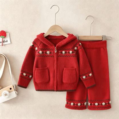Toddler Girl Nordic Knit Hooded Cardigan and Pants 2-piece Set - Red - 6-7T - image 4