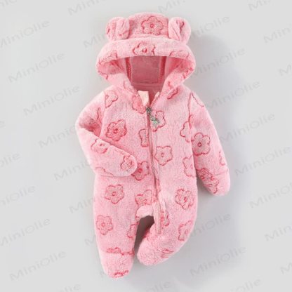 Baby Fleece Hooded Bear Ear Footed Romper - Pink Flower - 12-18M - image 5