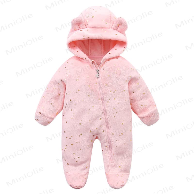 Baby Fleece Hooded Bear Ear Footed Romper - Pink Star - 12-18M - image 6
