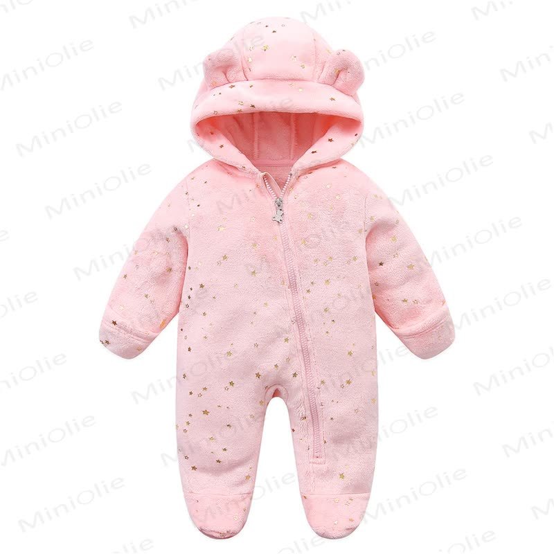 Baby Fleece Hooded Bear Ear Footed Romper - Pink Star - 12-18M - image 6
