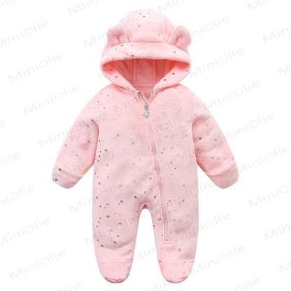 Baby Fleece Hooded Bear Ear Footed Romper - Pink Star - 12-18M - image 6
