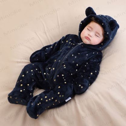 Baby Fleece Hooded Bear Ear Footed Romper - Navy Star - 12-18M - image 11