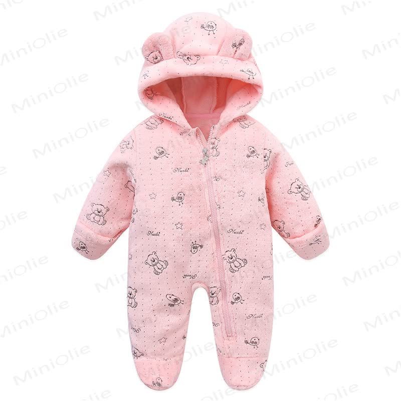 Baby Fleece Hooded Bear Ear Footed Romper - Pink Bear - 12-18M - image 7