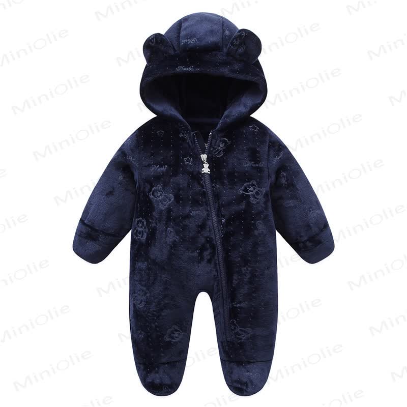 Baby Fleece Hooded Bear Ear Footed Romper - Navy Bear - 12-18M - image 10