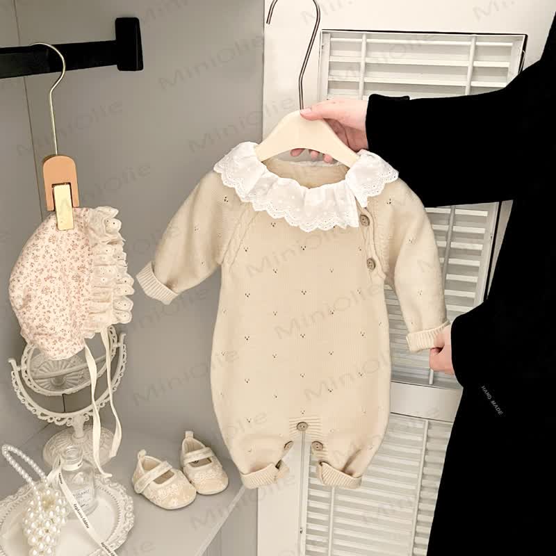 Baby Vintage Lace Collar Pointelle Knit Romper - image 2